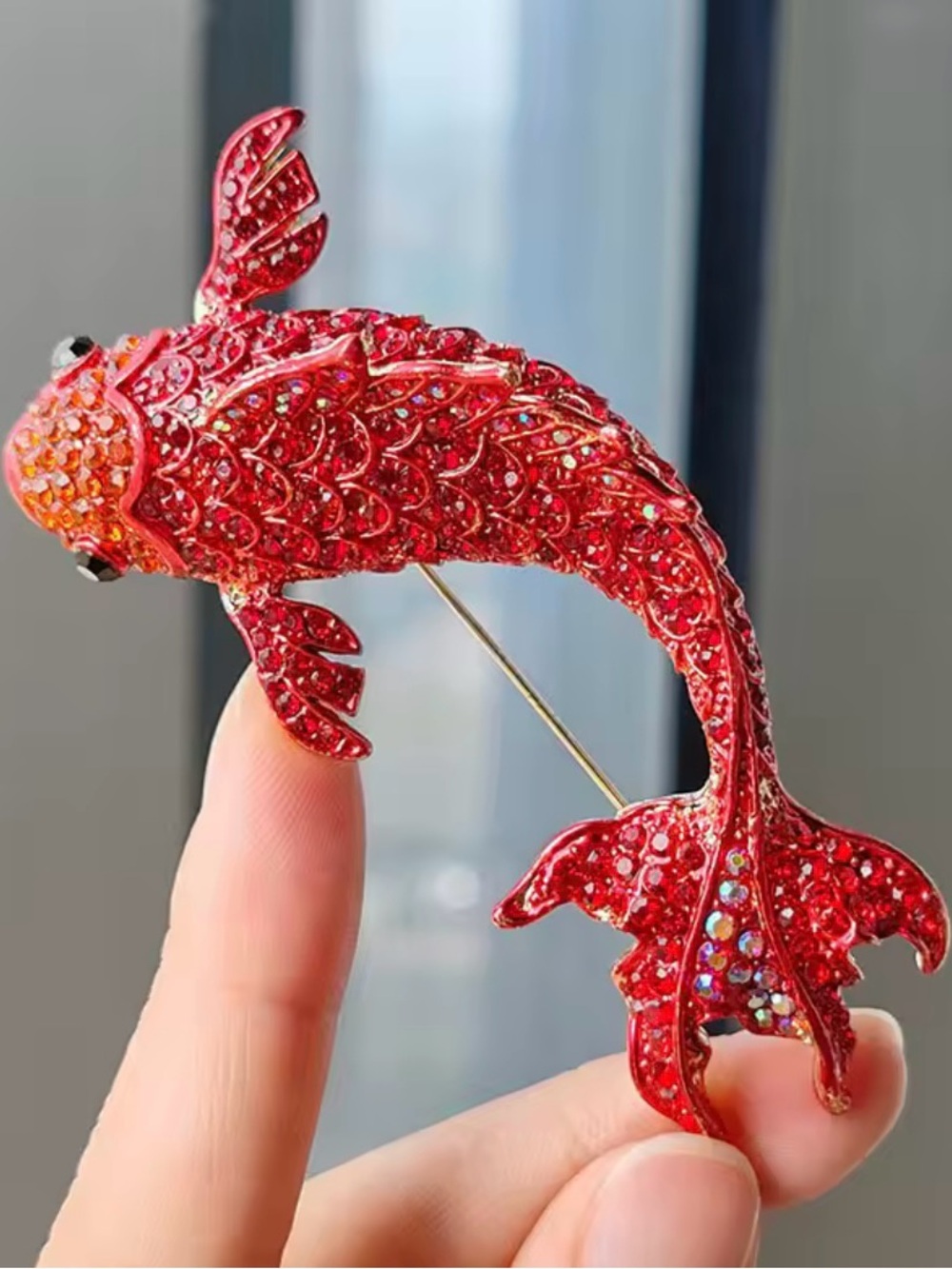 Red Crystal Koi Fish Brooch Pin. 3 inches in size. Rhinestone Koi Brooch Pin.